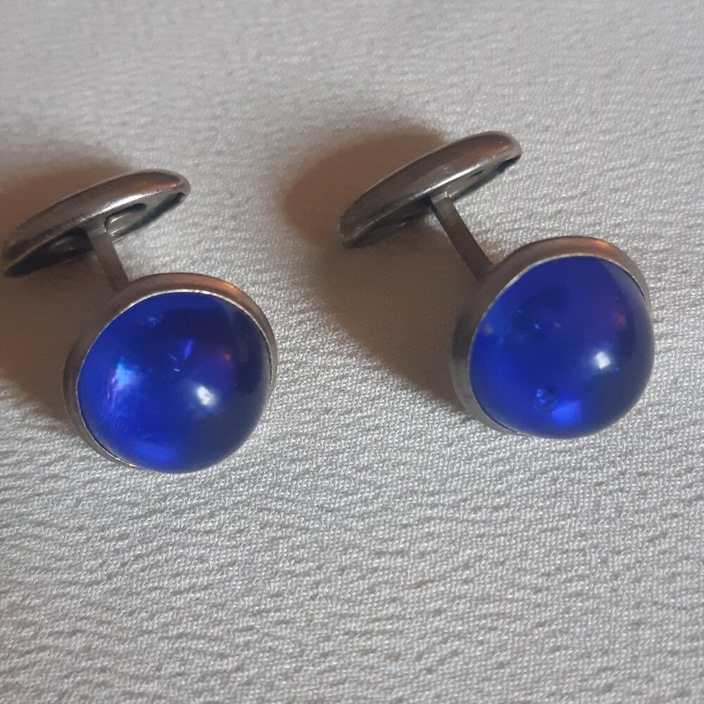 Vintage Cobalt Blue Glass Cabochon Mid Century Silver Tone Cuff Links